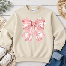 Load image into Gallery viewer, Pink Ghost Print Bow Halloween design on Sand crewneck sweatshirt
