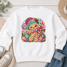 Load image into Gallery viewer, Pink Leopard Gingerbread Boy Christmas design on White crewneck sweatshirt
