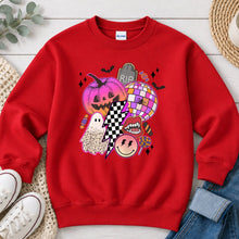 Load image into Gallery viewer, Pink Pumpkin Disco Collage Halloween design on Red crewneck sweatshirt
