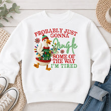 Load image into Gallery viewer, Probably Just Gonna Jingle Some Of The Way Goose Christmas design on White crewneck sweatshirt
