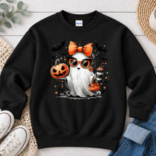 Load image into Gallery viewer, Pumpkin Spice Ghost Sunglasses Halloween design on Black crewneck sweatshirt
