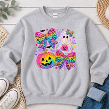 Load image into Gallery viewer, Rainbow Leopard Bows Ghost Pumpkin Halloween design on Ash Grey crewneck sweatshirt
