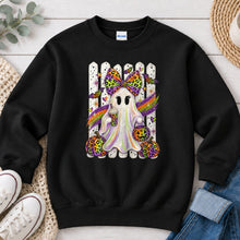 Load image into Gallery viewer, Rainbow Leopard Ghost Bow Halloween design on Black crewneck sweatshirt
