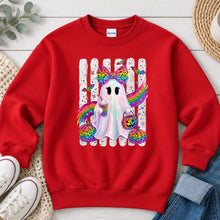 Load image into Gallery viewer, Rainbow Leopard Ghost Bow Large Halloween design on Red crewneck sweatshirt

