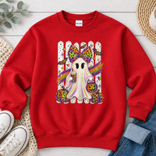 Load image into Gallery viewer, Rainbow Leopard Ghost Bow Halloween design on Red crewneck sweatshirt
