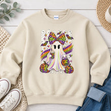 Load image into Gallery viewer, Rainbow Leopard Ghost Bow Halloween design on Sand crewneck sweatshirt
