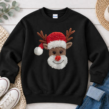 Load image into Gallery viewer, Reindeer Embroidery Christmas design on Black crewneck sweatshirt
