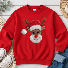 Load image into Gallery viewer, Reindeer Embroidery Christmas design on Red crewneck sweatshirt
