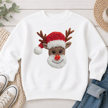 Load image into Gallery viewer, Reindeer Embroidery Christmas design on White crewneck sweatshirt
