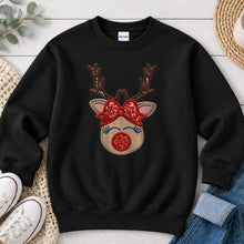 Load image into Gallery viewer, Reindeer Face Girl Red Bow Christmas design on Black crewneck sweatshirt
