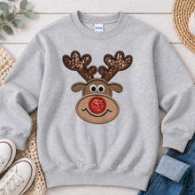 Load image into Gallery viewer, Reindeer Face Sequin Antlers Christmas design on Ash Grey crewneck sweatshirt
