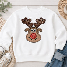 Load image into Gallery viewer, Reindeer Face Sequin Antlers Christmas design on White crewneck sweatshirt
