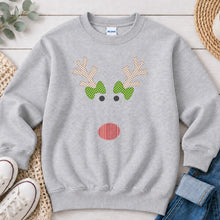 Load image into Gallery viewer, Reindeer Gingham Antlers Green Bow Christmas design on Ash Grey crewneck sweatshirt

