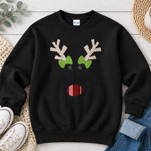 Load image into Gallery viewer, Reindeer Gingham Antlers Green Bow Christmas design on Black crewneck sweatshirt
