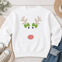 Load image into Gallery viewer, Reindeer Gingham Antlers Green Bow Christmas design on White crewneck sweatshirt
