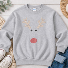 Load image into Gallery viewer, Reindeer Gingham Antlers Striped Nose Christmas design on Ash Grey crewneck sweatshirt
