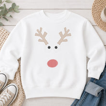 Load image into Gallery viewer, Reindeer Gingham Antlers Striped Nose Christmas design on White crewneck sweatshirt
