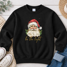 Load image into Gallery viewer, Santa Be The Light Christmas design on Black crewneck sweatshirt
