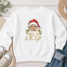 Load image into Gallery viewer, Santa Be The Light Christmas design on White crewneck sweatshirt
