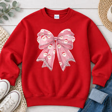 Load image into Gallery viewer, Santa Bow Pink Christmas design on Red crewneck sweatshirt
