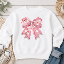 Load image into Gallery viewer, Santa Bow Pink Christmas design on White crewneck sweatshirt
