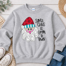 Load image into Gallery viewer, Santa Claus Is Coming To Town Christmas design on Ash Grey crewneck sweatshirt
