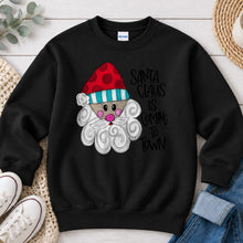 Load image into Gallery viewer, Santa Claus Is Coming To Town Christmas design on Black crewneck sweatshirt
