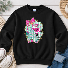 Load image into Gallery viewer, Santa Climbing Pink Tree Christmas design on Black crewneck sweatshirt
