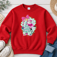 Load image into Gallery viewer, Santa Climbing Pink Tree Christmas design on Red crewneck sweatshirt
