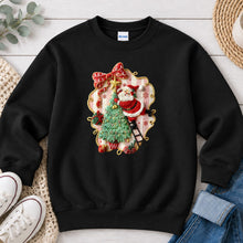 Load image into Gallery viewer, Santa Climbing Tree Embroidery Christmas design on Black crewneck sweatshirt
