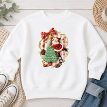 Load image into Gallery viewer, Santa Climbing Tree Embroidery Christmas design on White crewneck sweatshirt
