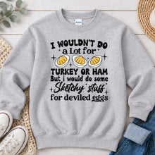 Load image into Gallery viewer, Sketchy Stuff For Deviled Eggs Thanksgiving design on Ash Grey crewneck sweatshirt
