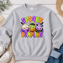Load image into Gallery viewer, Spooky Dumplings Halloween design on Ash Grey crewneck sweatshirt
