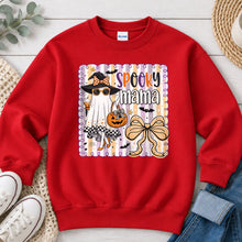 Load image into Gallery viewer, Spooky Mama Ghost Halloween design on Red crewneck sweatshirt
