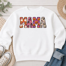 Load image into Gallery viewer, Spooky Patchwork Mama Halloween design on White crewneck sweatshirt
