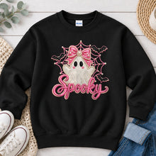 Load image into Gallery viewer, Spooky Pink Bow Ghost Web Halloween design on Black crewneck sweatshirt
