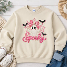 Load image into Gallery viewer, Spooky Pink Bow Ghost Web Halloween design on Sand crewneck sweatshirt
