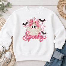 Load image into Gallery viewer, Spooky Pink Bow Ghost Web Halloween design on White crewneck sweatshirt
