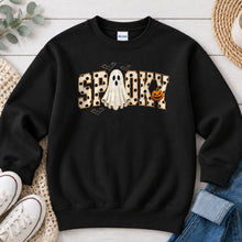 Load image into Gallery viewer, Spooky Polka Dot Ghost Halloween design on Black crewneck sweatshirt
