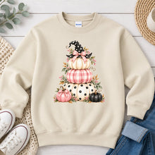 Load image into Gallery viewer, Stacked Pink Pumpkins Witch Hat Halloween design on Sand crewneck sweatshirt
