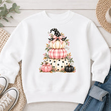 Load image into Gallery viewer, Stacked Pink Pumpkins Witch Hat Halloween design on White crewneck sweatshirt
