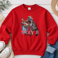 Load image into Gallery viewer, Stay Trashy Raccoon Christmas design on Red crewneck sweatshirt
