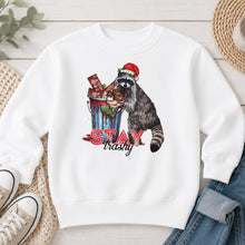 Load image into Gallery viewer, Stay Trashy Raccoon Christmas design on White crewneck sweatshirt
