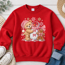 Load image into Gallery viewer, Teddy Bear Snowman Gingerbread Christmas design on Red crewneck sweatshirt
