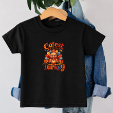 Load image into Gallery viewer, Thanksgiving Cutest Little Turkey design on black kids t-shirt
