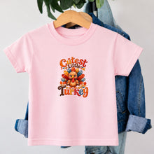Load image into Gallery viewer, Thanksgiving Cutest Little Turkey design on pink kids t-shirt
