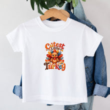 Load image into Gallery viewer, Thanksgiving Cutest Little Turkey design on white kids t-shirt
