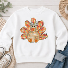 Load image into Gallery viewer, Give Thanks Watercolor Turkey Dalmatian Bow Thanksgiving design on White crewneck sweatshirt
