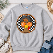 Load image into Gallery viewer, Gobble Gobble Cap Checkered Thanksgiving design on Ash Grey crewneck sweatshirt
