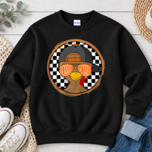 Load image into Gallery viewer, Gobble Gobble Cap Checkered Thanksgiving design on Black crewneck sweatshirt
